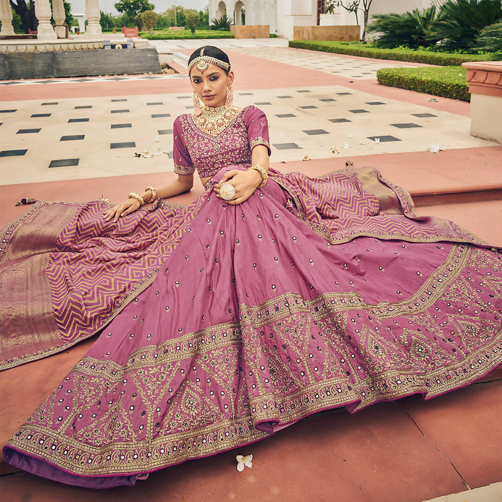 Onion Pink Heavy Viscose Khatli, Embroidery & Mirror Work Unstitched Lehenga Choli - Sisha Keshav | Grocsy