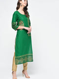 Cheera Hand Block Print Green Color Straight Kurta | Grocsy
