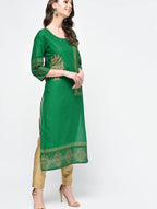 Cheera Hand Block Print Green Color Straight Kurta | Grocsy