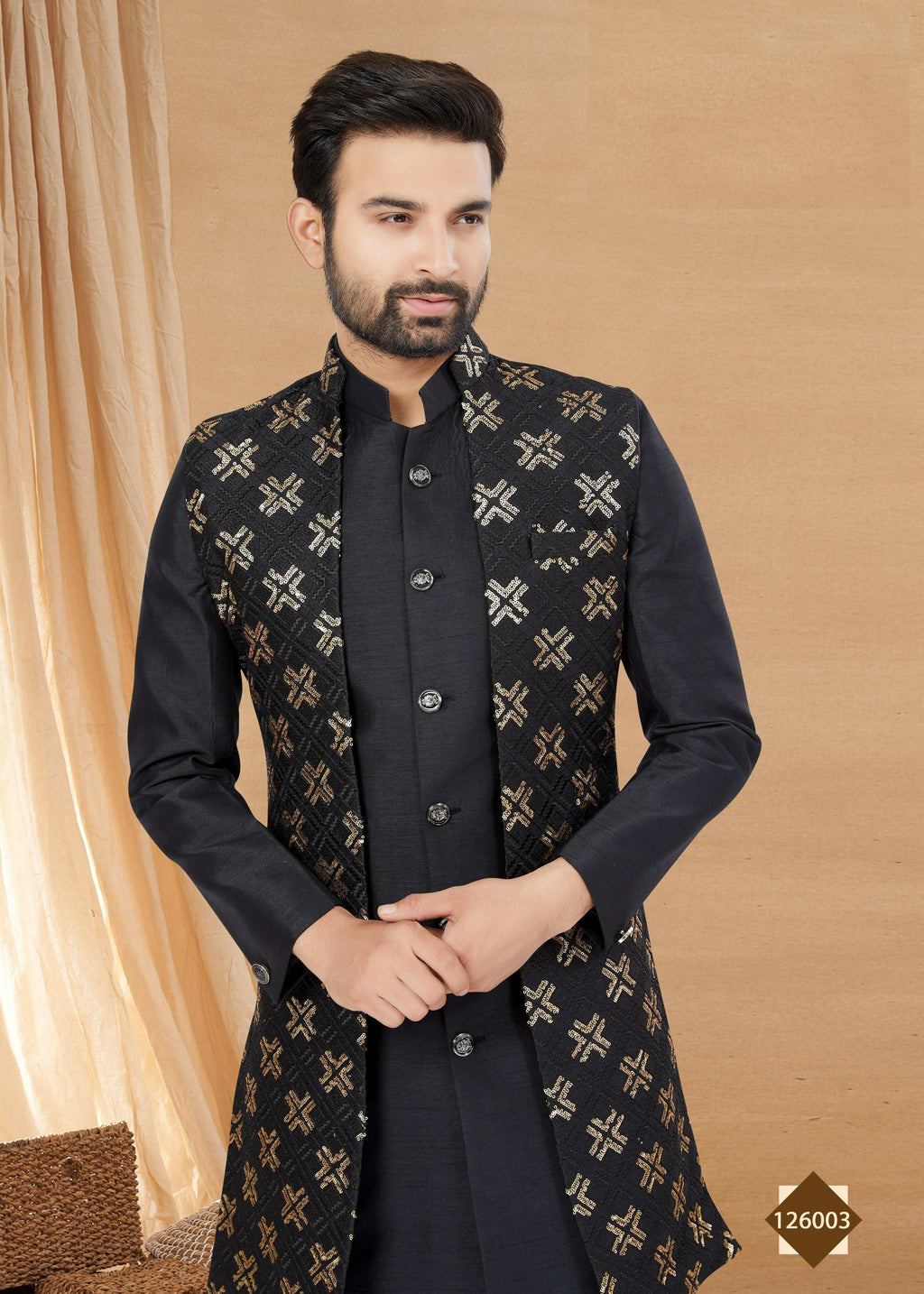 Joban Fashion Men's Black Heavy Art Silk Plain Indowestern | Grocsy