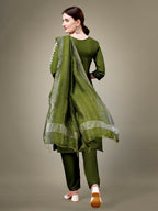Jyoti Fashion Women's Mehendi Cotton Blend Embroidery & Sequence work Kurta with Trouser & Dupatta | Grocsy