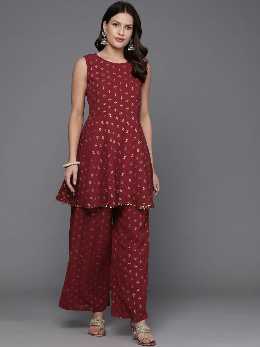 Ahalyaa Women Printed Tunic with Palazzos - Maroon Color | Grocsy