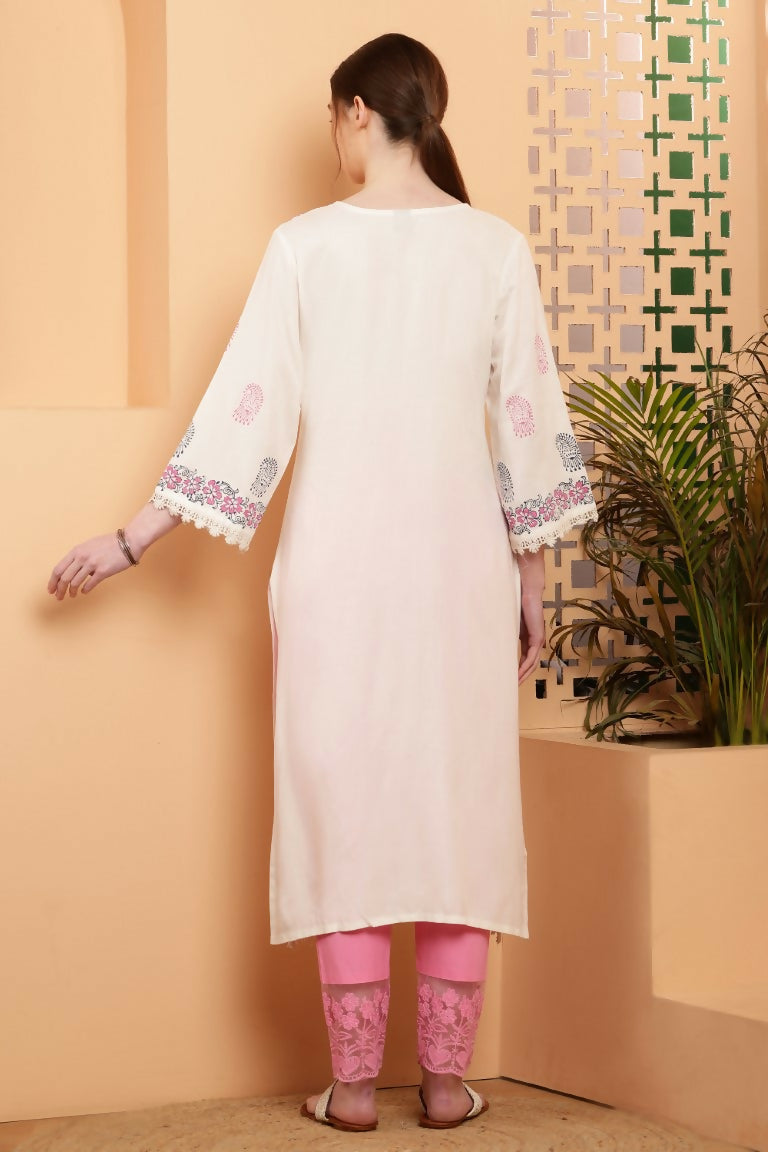 Cheera Women Stylish Hand Block Printed Cotton Blend Flared Kurta - Off White | Grocsy