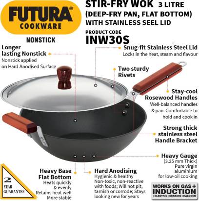 Hawkins Futura Stir Fry Wok with Stainless Steel 27 cm Diameter 3 L (INW30S) | Grocsy