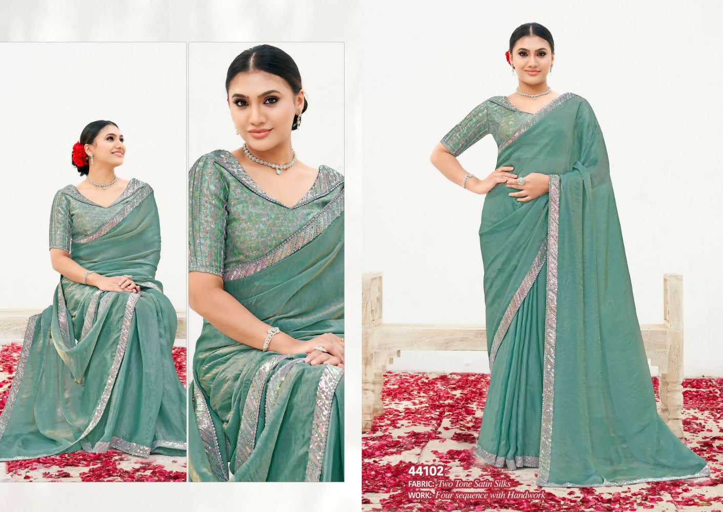 Sea Green Two Tone Satin Silk Handwork Saree with Unstitched Blouse - Norita Varya | Grocsy