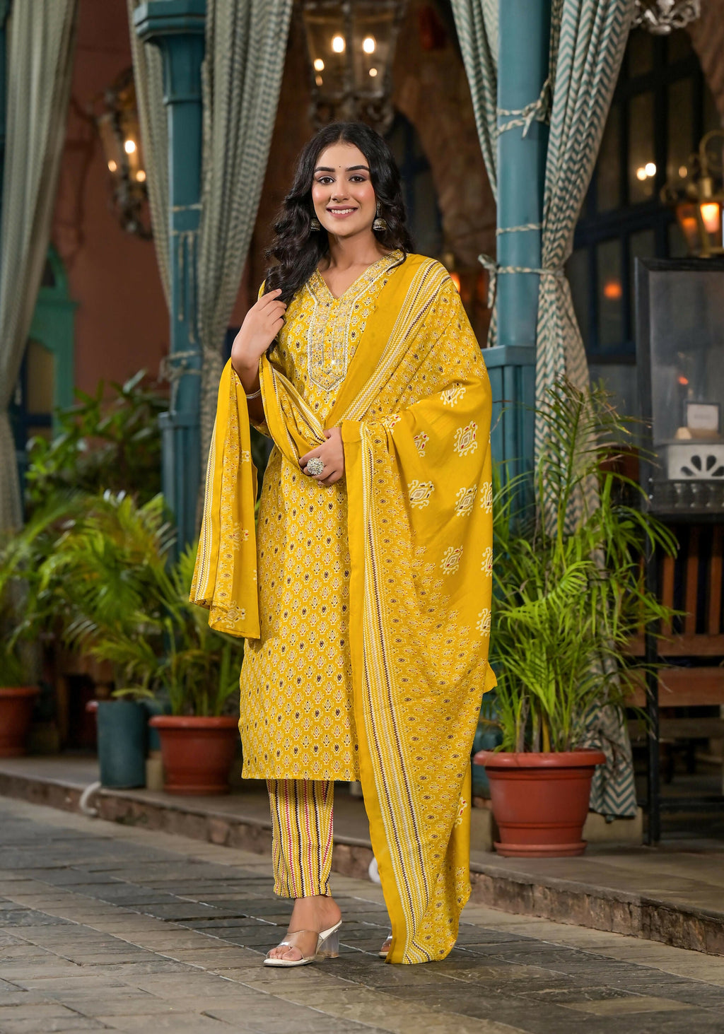 Juniper Women's Mustard Ethnic Motif Printed Cotton Kurta Pant And Dupatta Set With Mirror work & Sequins | Grocsy