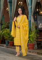 Juniper Women's Mustard Ethnic Motif Printed Cotton Kurta Pant And Dupatta Set With Mirror work & Sequins | Grocsy