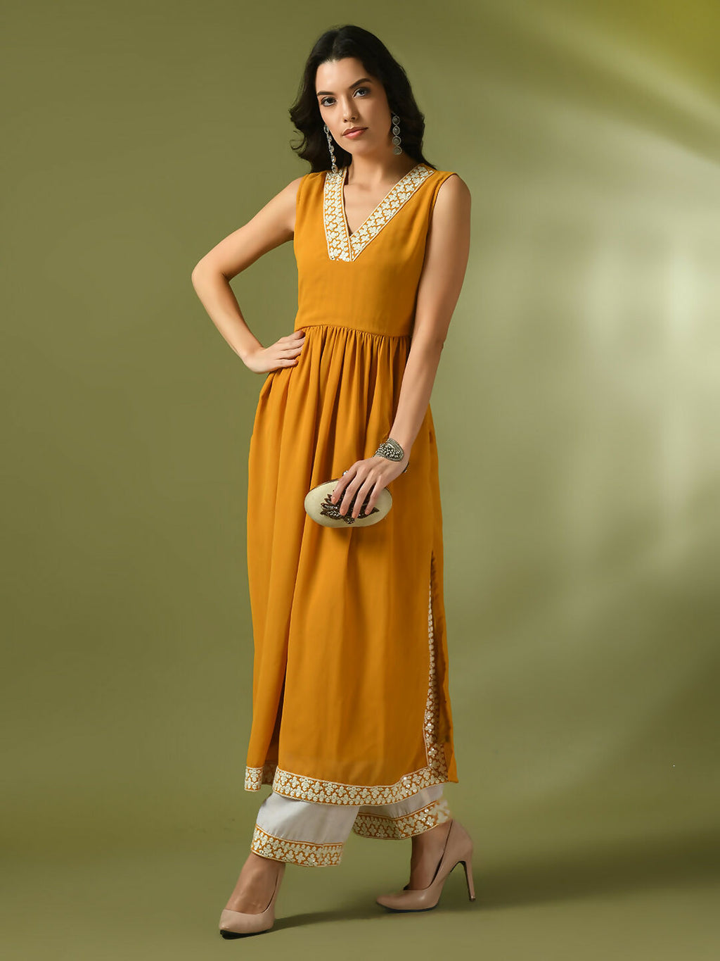 Myshka Women's Yellow Solid Georgette Anarkali Party Kurta Set | Grocsy