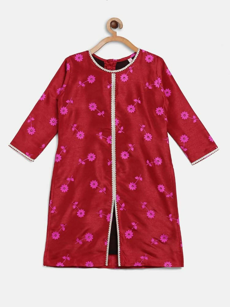 Ahalyaa Red Poly Silk Straight Printed Kids Kurta Palazzo Set For Girls | Grocsy