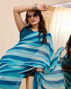 Blue Georgette Designer Printed Ready To Wear Saree - Ibiza | Grocsy