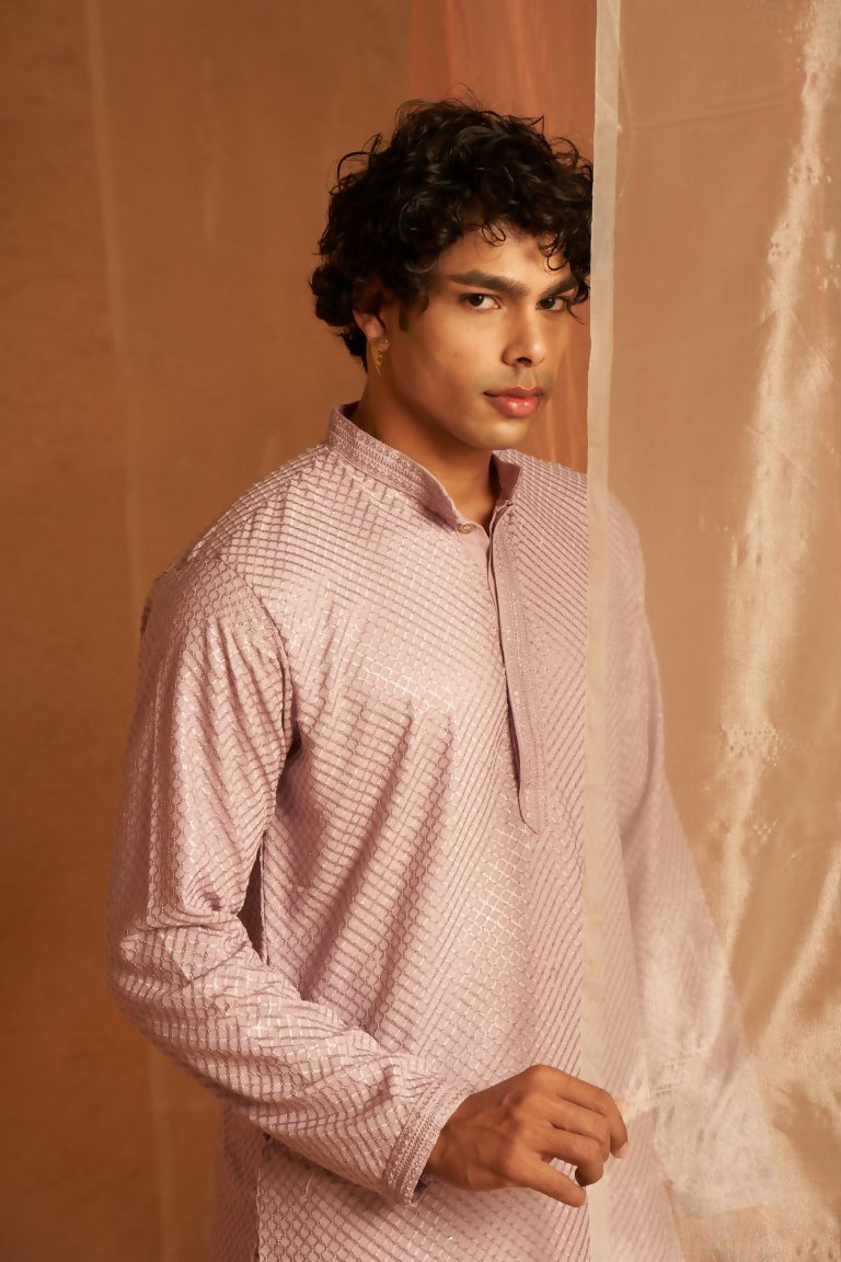 Lavender viscose Chikankari Embroidery Work Men's Traditional Kurta Set - Mahotsav | Grocsy