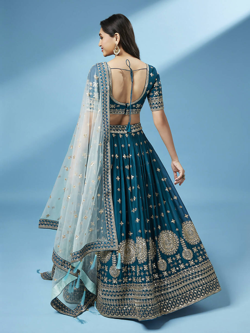 House of Panchhi Teal - Pure Georgette Embroidered Lehenga | Grocsy