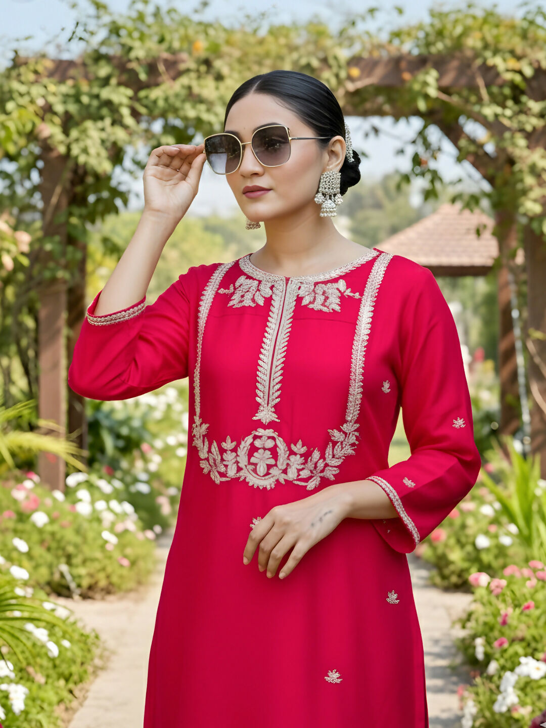 The52 Women's Gorgeous Embroidery Work Viscose Silk Fabric Straight Kurta Palazzo and Dupatta Set-Red | Grocsy