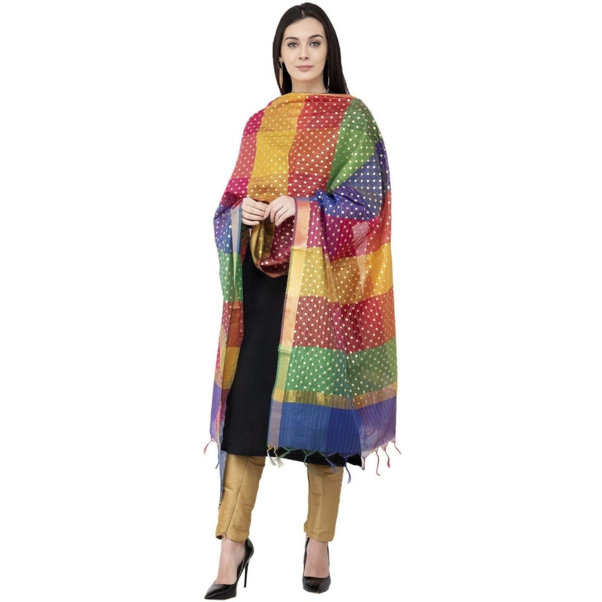 A R Silk Multi Box Gold Print Fancy Dupatta Multi Color Color Dupatta or Chunni | Grocsy