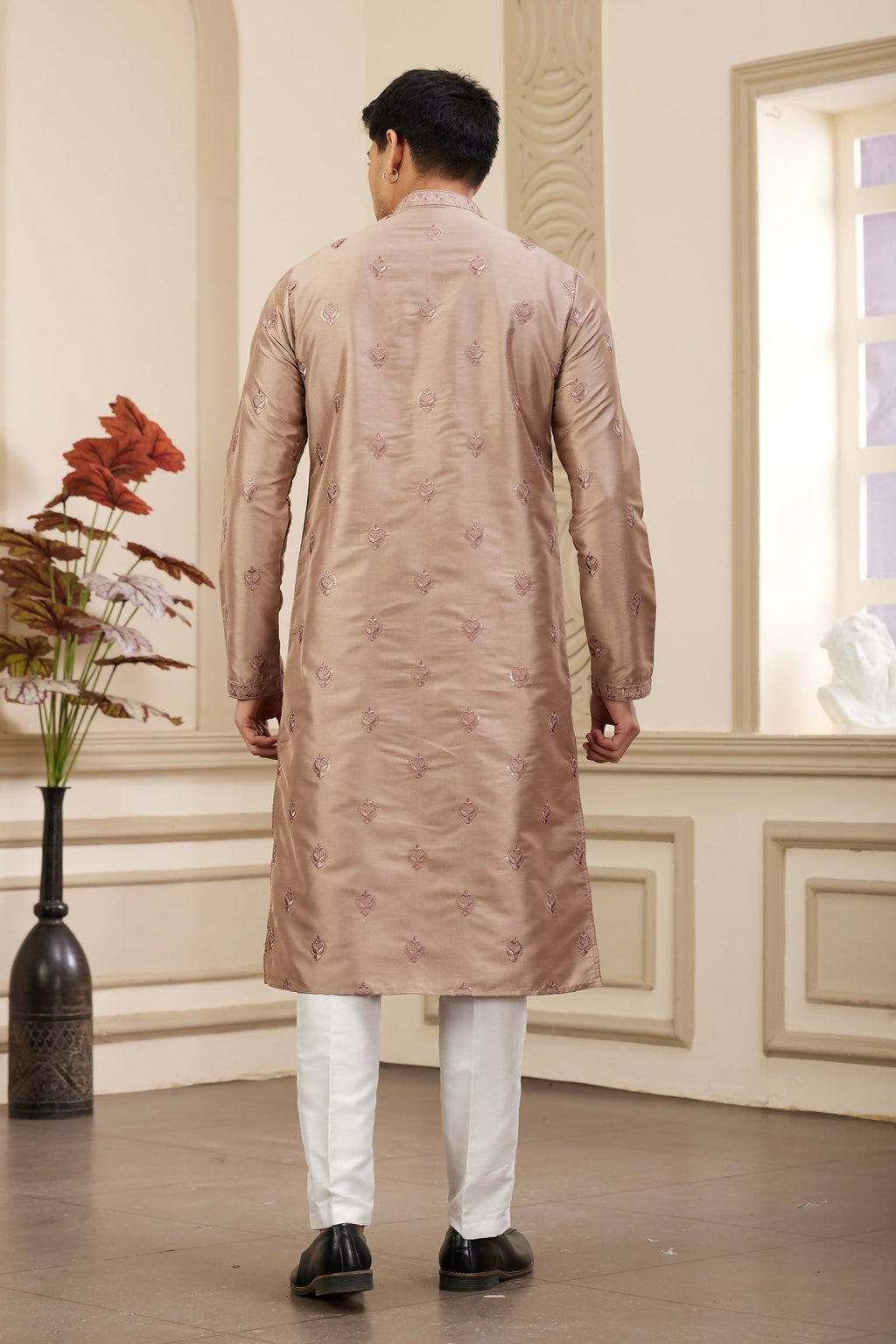 Raivat Ethnic Men's Art Silk Thread Work Kurta Pyjama In Brown Colour | Grocsy