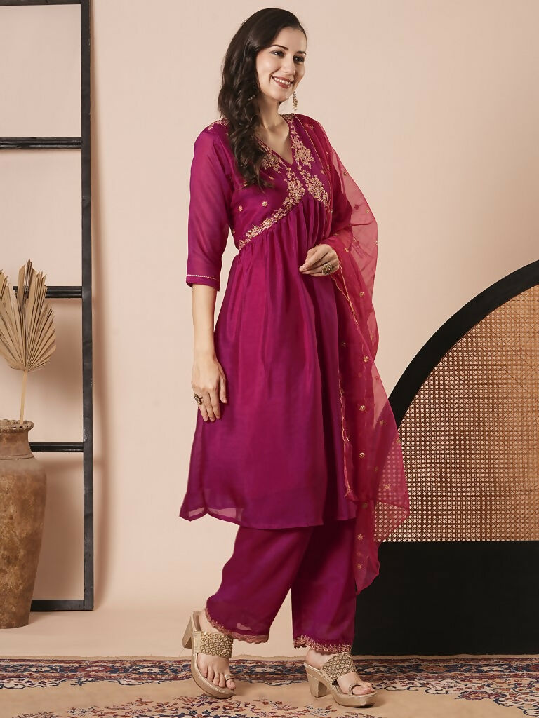 Pink Vichitra Silk Embroidery Work Kurta Set - Riya | Grocsy