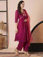 Pink Vichitra Silk Embroidery Work Kurta Set - Riya | Grocsy