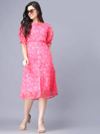 Myshka Women Pink White Floral Organic Cotton Midi Dress | Grocsy