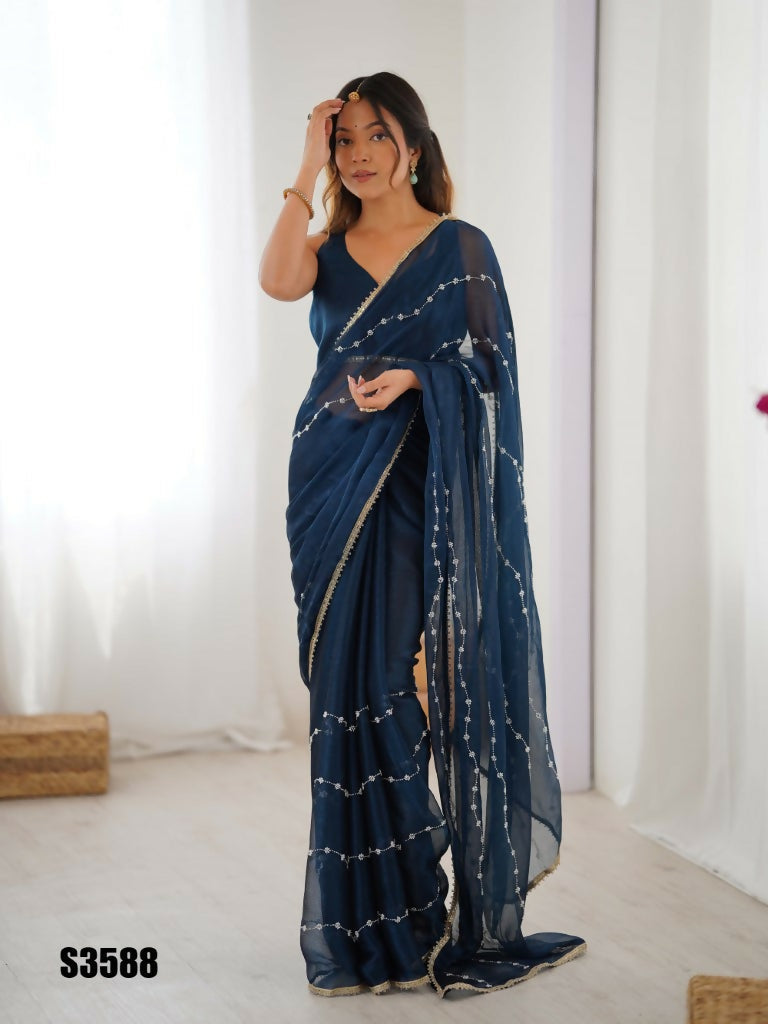 Petrol Sitara Chiffon Designer Beads Moti,Val Sequence Work Saree - Noorie | Grocsy