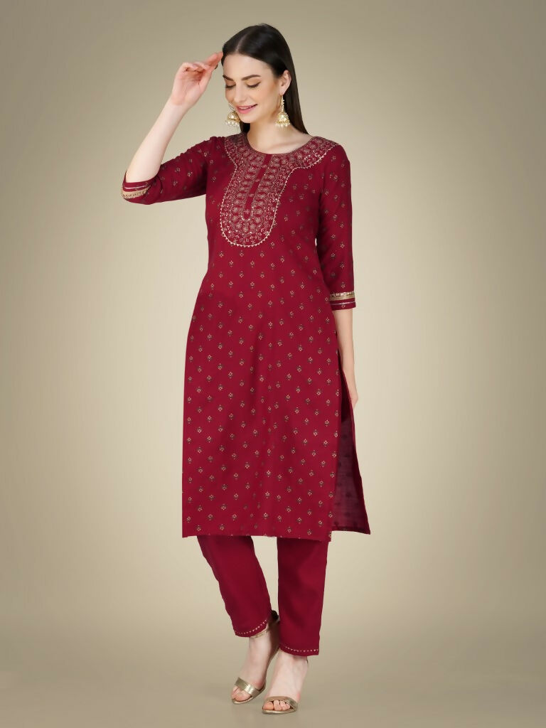 Jyoti Fashion Women's Maroon Cotton Magic Slub Embroidery & Sequence work Kurta with Trouser & Dupatta | Grocsy