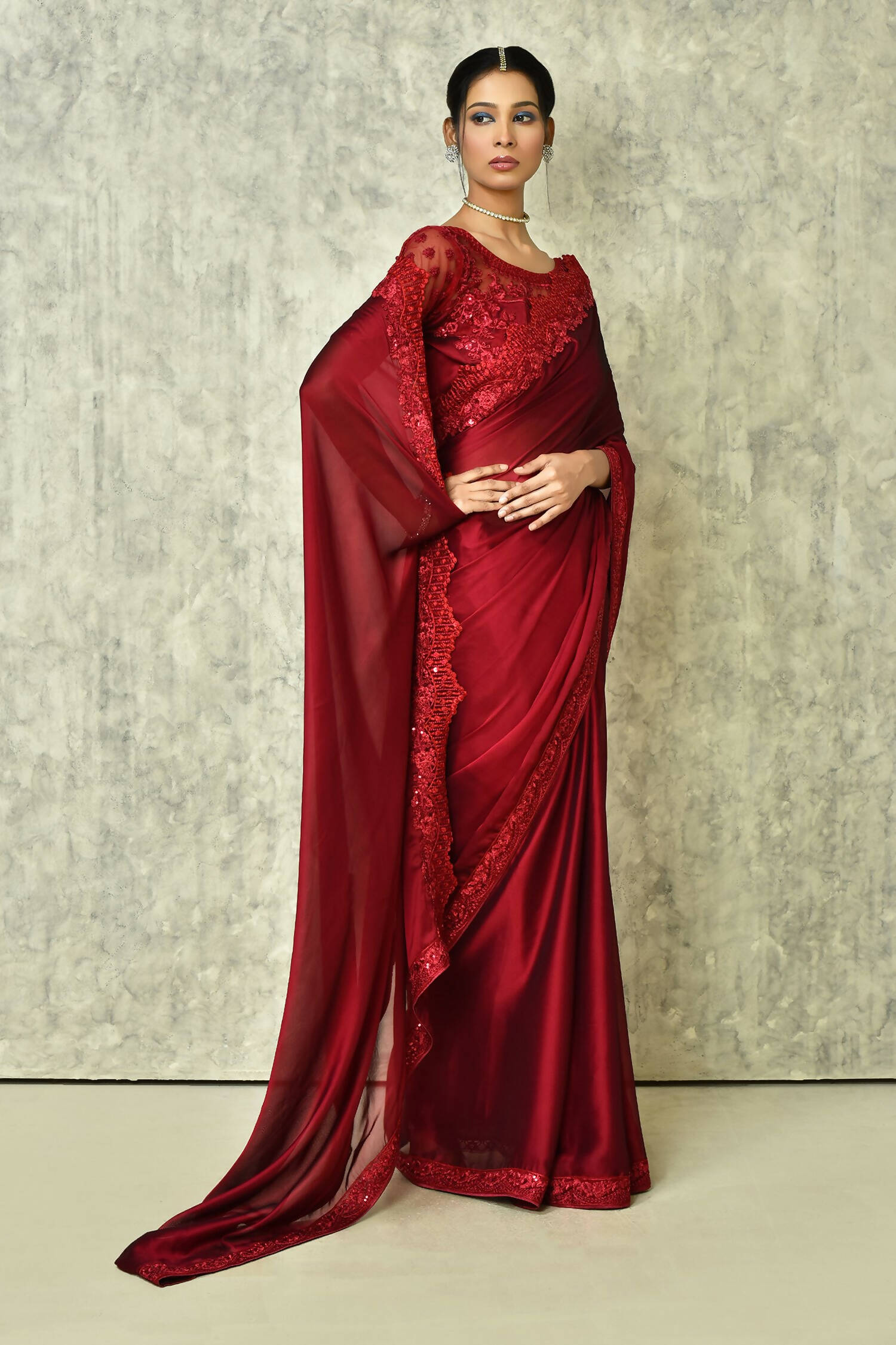 Wine Silk Plain Saree with Blouse Piece - Purvi | Grocsy