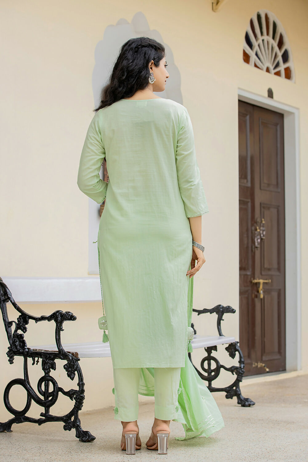 Kaajh Women's Green Mirror Embellished Cotton Suit Set | Grocsy