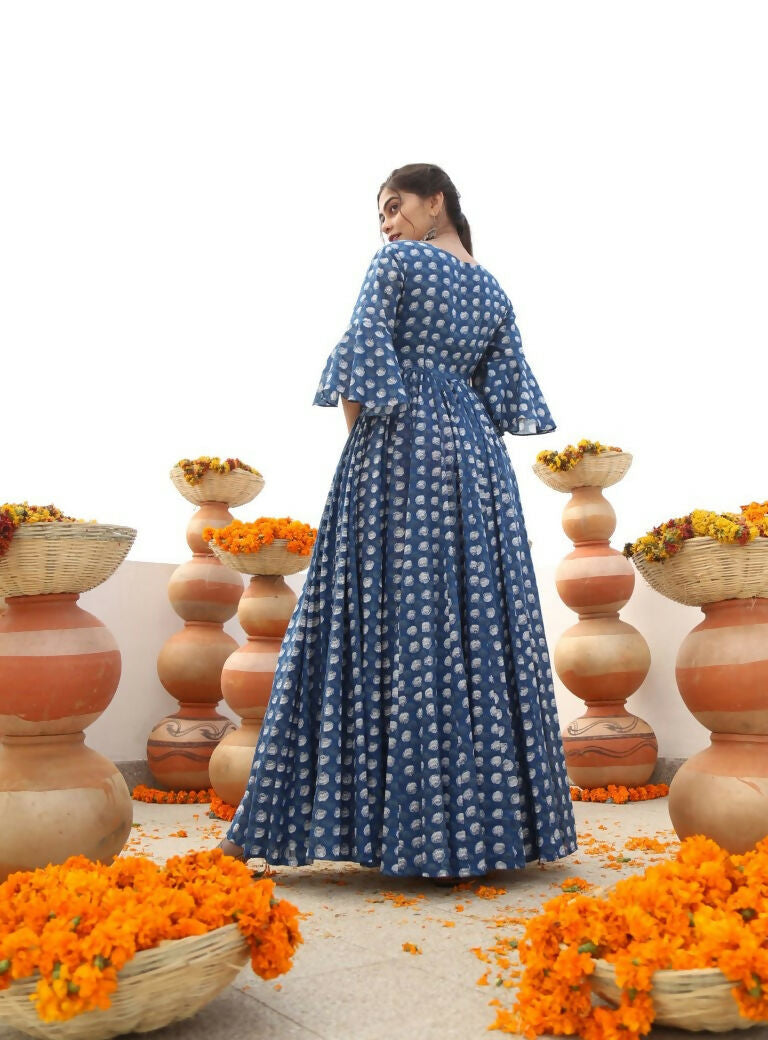 Jyoti Fashion Women's Blue Heavy Digital Printed Cotton Silk Anarkali Dress | Grocsy