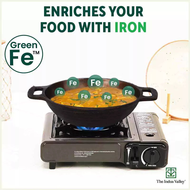The Indus Valley Super Smooth Cast Iron Kadai,Pre-seasoned, Nonstick, 100% Pure, Toxin-free, Spatula, 25.4cm, 2.5L, 2.4kg | Grocsy
