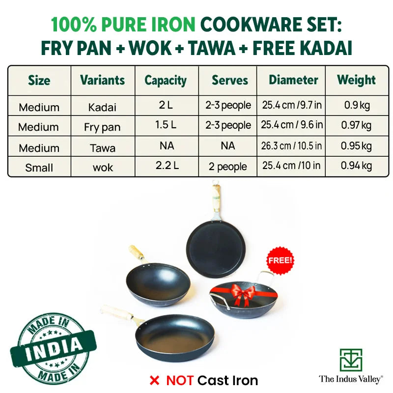 The Indus Valley 100% Pure Iron Cookware Set: Tawa+ Fry Pan+ Wok, Toxin-free Sheet Iron, Pre-seasoned, Induction & Gas, Kitchen Set for Home, Kadai | Grocsy
