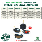 The Indus Valley 100% Pure Iron Cookware Set: Tawa+ Fry Pan+ Wok, Toxin-free Sheet Iron, Pre-seasoned, Induction & Gas, Kitchen Set for Home, Kadai | Grocsy