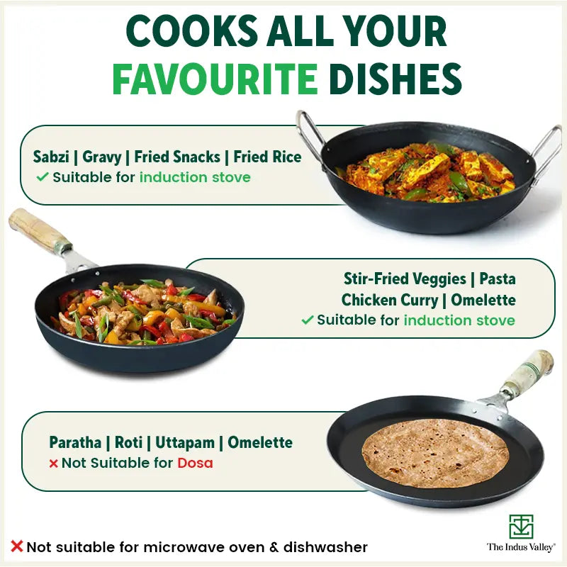 The Indus Valley 100% Pure Iron Cookware Set: Kadai+ Tawa+ Fry Pan, Toxin-free Sheet Iron, Pre-seasoned, Induction & Gas, Kitchen Set for Home, Tadka Pan | Grocsy