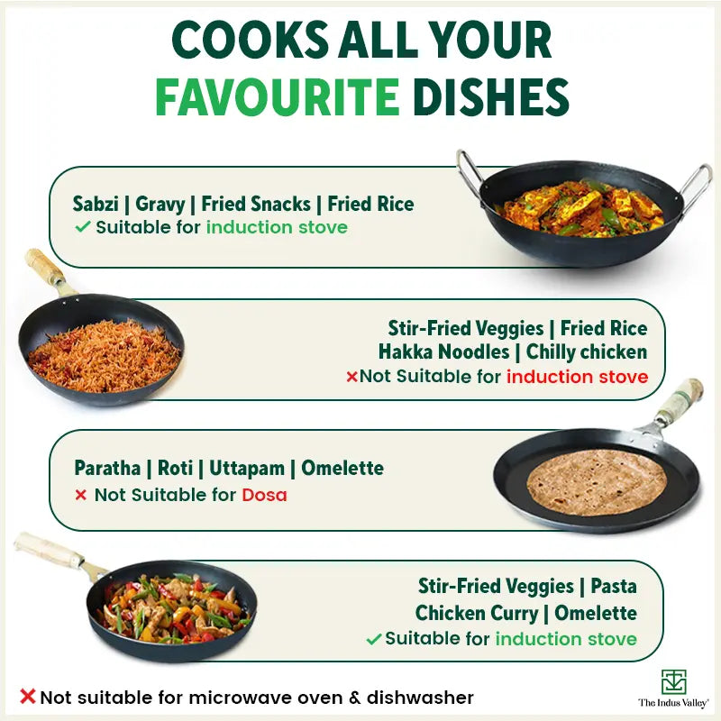 The Indus Valley 100% Pure Iron Cookware Set: Tawa+ Fry Pan+ Wok, Toxin-free Sheet Iron, Pre-seasoned, Induction & Gas, Kitchen Set for Home, Kadai | Grocsy