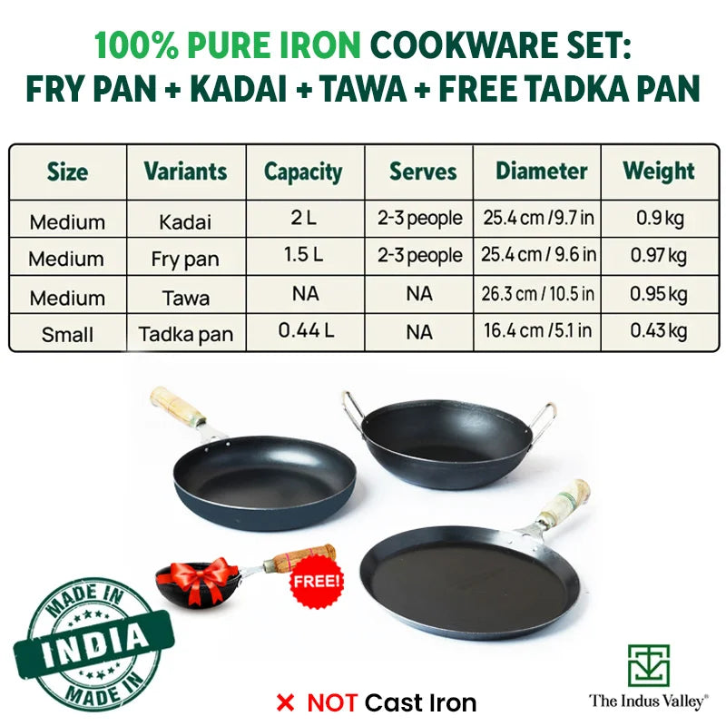 The Indus Valley 100% Pure Iron Cookware Set: Kadai+ Tawa+ Fry Pan, Toxin-free Sheet Iron, Pre-seasoned, Induction & Gas, Kitchen Set for Home, Tadka Pan | Grocsy