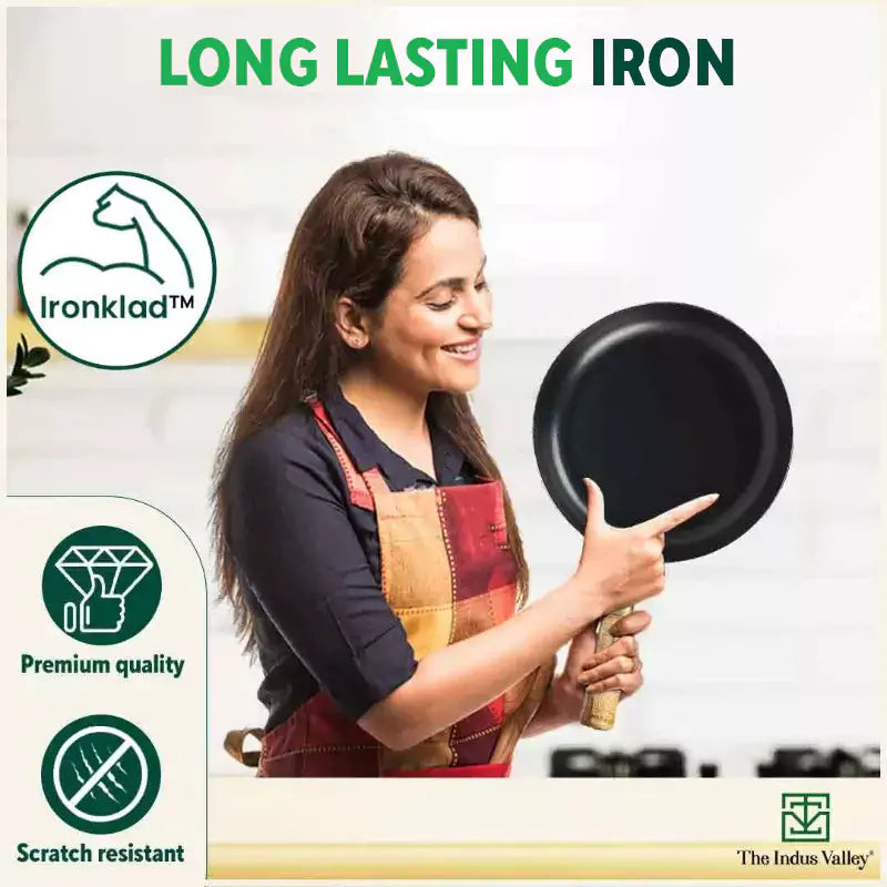 The Indus Valley 100% Pure Iron Cookware Set: Tawa+ Fry Pan+ Wok, Toxin-free Sheet Iron, Pre-seasoned, Induction & Gas, Kitchen Set for Home, Kadai | Grocsy