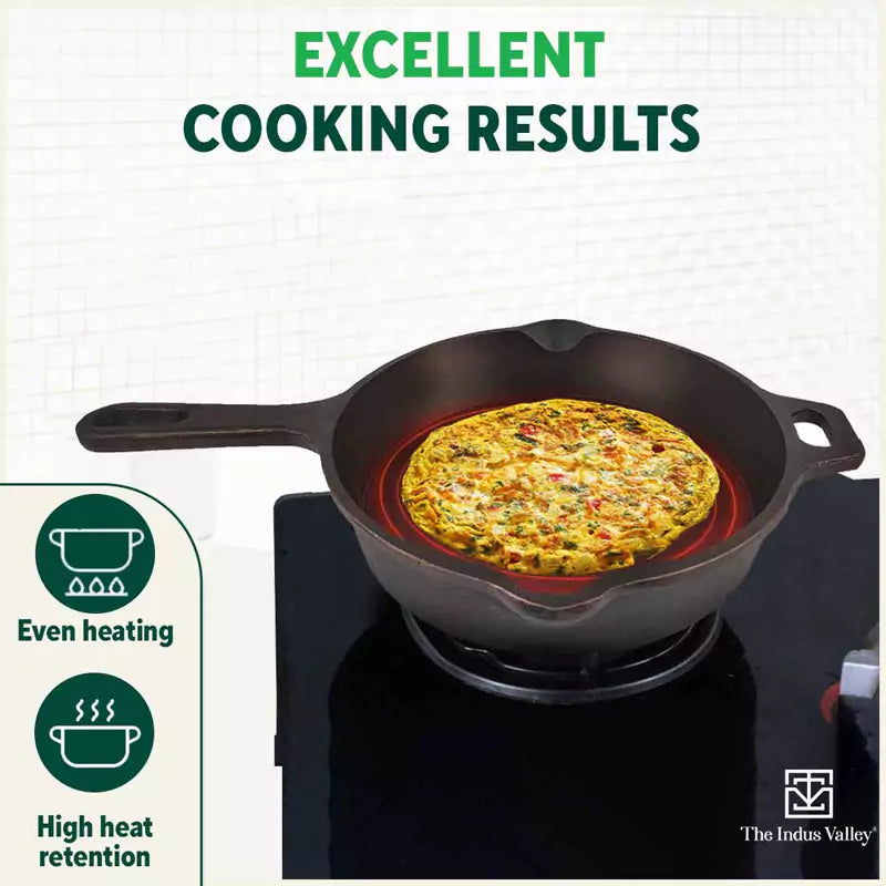 The Indus Valley Super Smooth Cast Iron Frypan+ Free ₹110 Spatula, Pre-seasoned, Nonstick, 100% Pure,Toxin-free, 25.4cm, 1.7L, 2.4kg | Grocsy