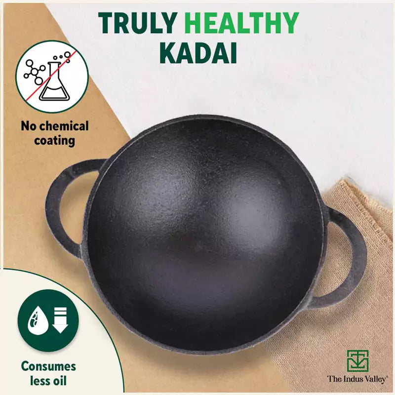 The Indus Valley CASTrong Cast Iron Kadai, Pre-seasoned, Nonstick, 100% Pure, Toxin-free, 20.3cm, 1.4L, 1.5kg | Grocsy