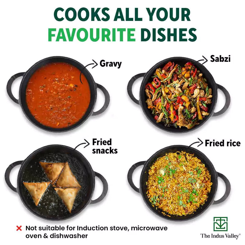 The Indus Valley CASTrong Cast Iron Kadai, Pre-seasoned, Nonstick, 100% Pure, Toxin-free, 20.3cm, 1.4L, 1.5kg | Grocsy