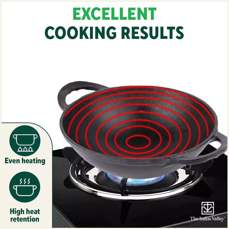 The Indus Valley CASTrong Cast Iron Kadai, Pre-seasoned, Nonstick, 100% Pure, Toxin-free, Spatula, 25.2cm, 2.2L, 2.37kg | Grocsy