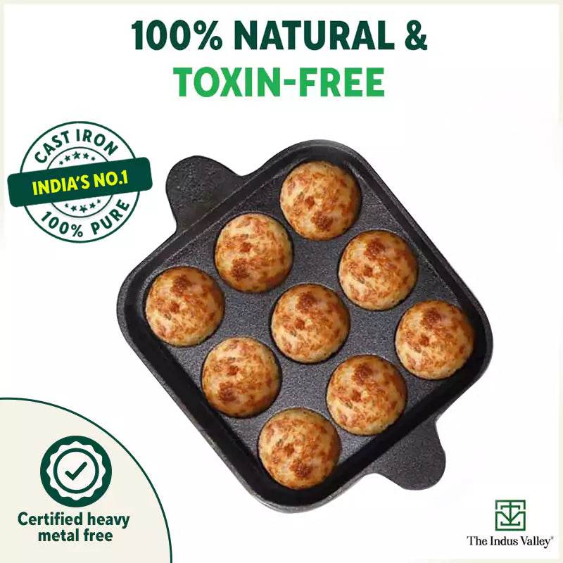 The Indus Valley 9 Pit/Cup CASTrong Cast Iron Paniyaram/Appe Pan+ Spatula, Pre-seasoned, Natural Nonstick, 100% Pure, Toxin-free, 18.2 cm, 1.34 kg | Grocsy