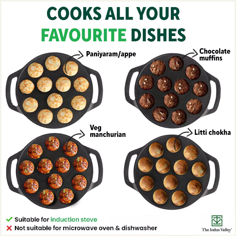 The Indus Valley 12 Pit/Cup CASTrong Cast Iron Kuzhi Paniyaram/Paddu Pan/Appe Maker, Pre-seasoned, 100% Pure, Toxin-free, Spatula, 21 cm, 2.2 kg | Grocsy