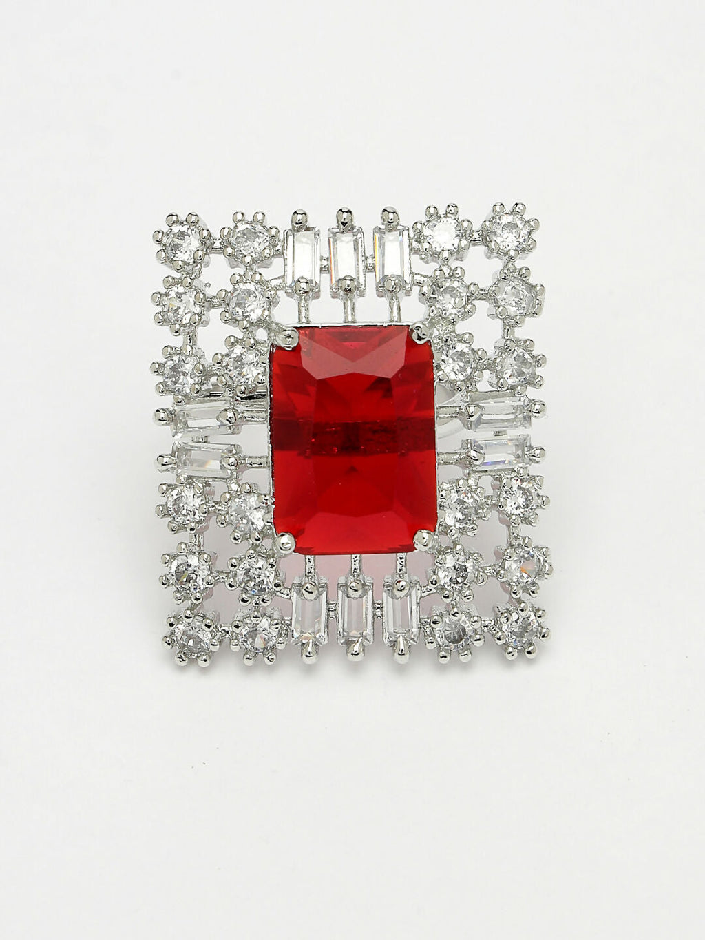 NVR Women's Red & Silver CZ-Studded Square-Shaped Adjustable Finger Ring | Grocsy