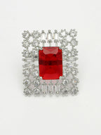 NVR Women's Red & Silver CZ-Studded Square-Shaped Adjustable Finger Ring | Grocsy