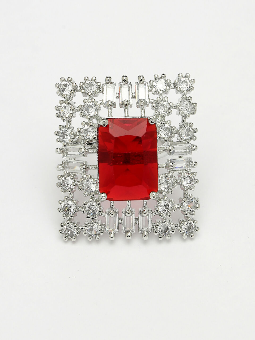 NVR Women's Red & Silver CZ-Studded Square-Shaped Adjustable Finger Ring | Grocsy