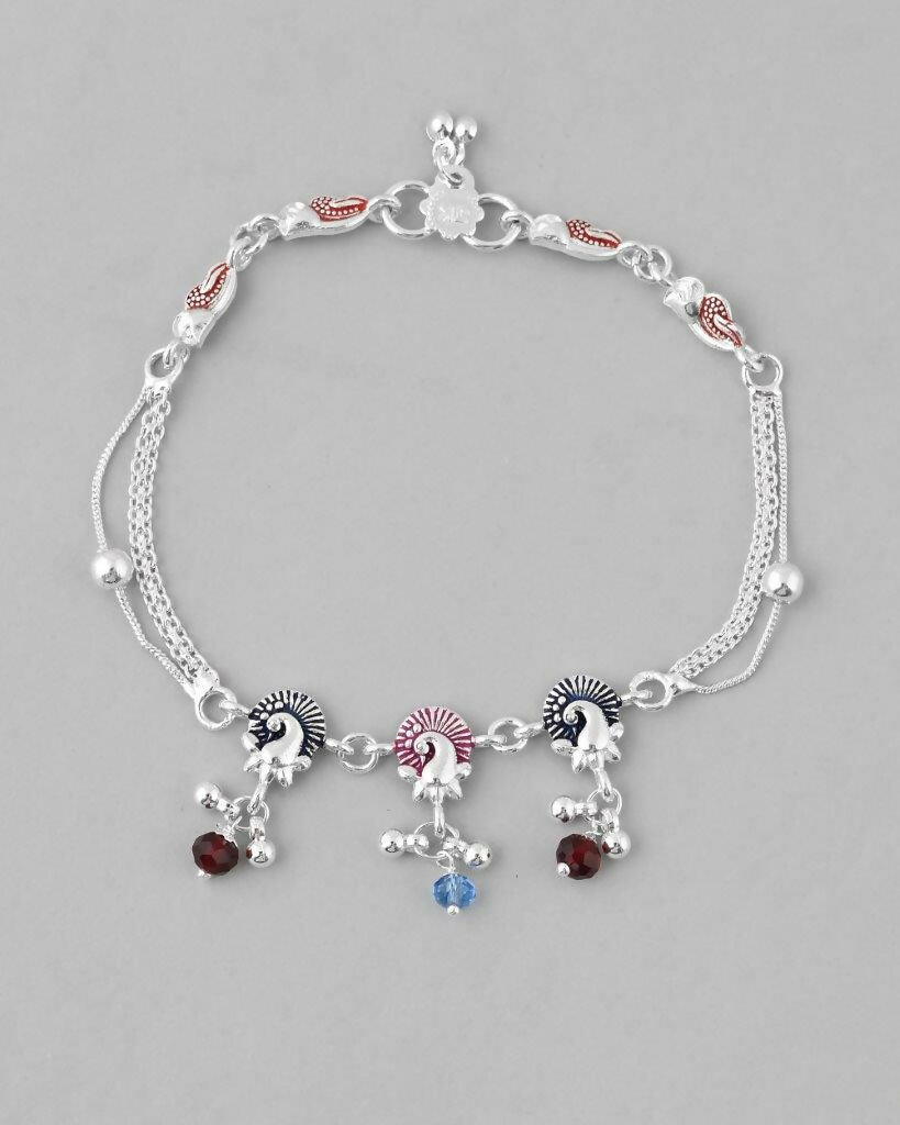 VOJ Set of 2 Silver Plated Peacock Shaped Multi Color Anklet | Grocsy