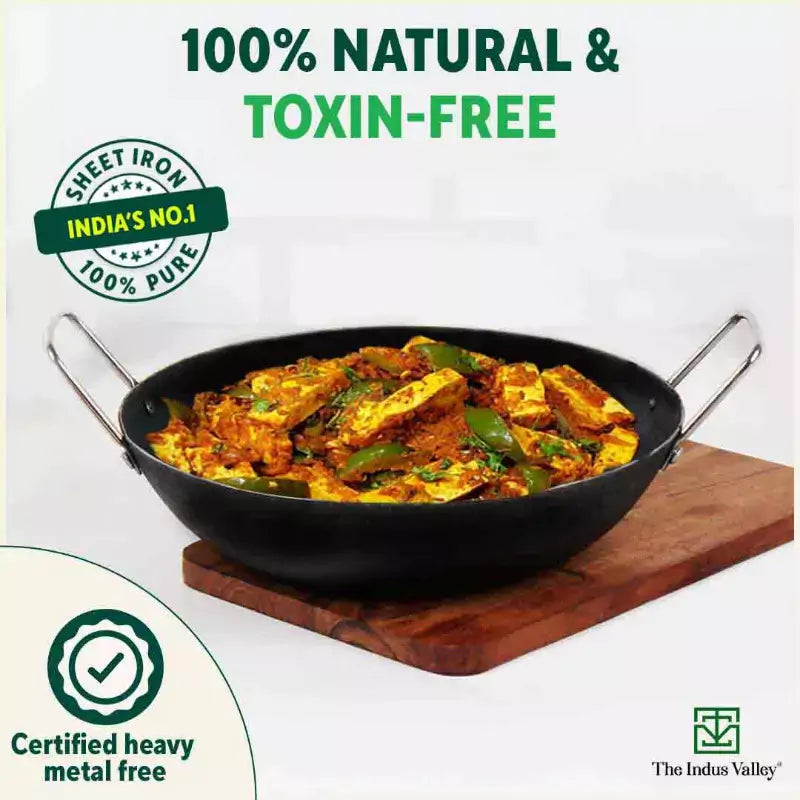 The Indus Valley 100% Pure Iron Cookware Set: Kadai+ Tawa+ Fry Pan, Toxin-free Sheet Iron, Pre-seasoned, Induction & Gas, Kitchen Set for Home, Tadka Pan | Grocsy