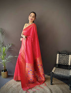 Joban Fashion Hot Pink Jacquard Butti Soft Lichi Silk Paithani Saree | Grocsy