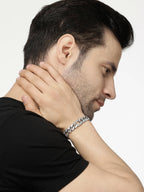 NVR Men Silver-Plated Stainless Steel American Diamond Studded Link Bracelet | Grocsy