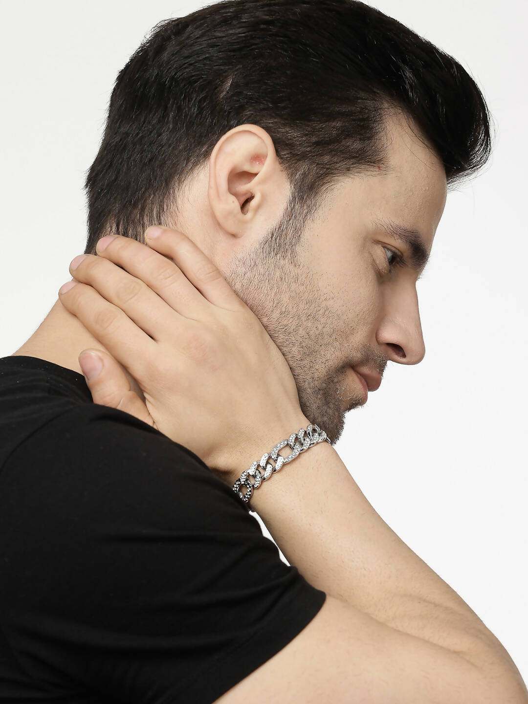 NVR Men Silver-Plated Stainless Steel American Diamond Studded Link Bracelet | Grocsy