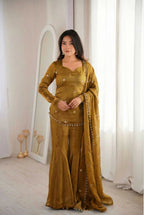 Teeya Creation New Womens Trendy Embroidery Sequence Work Gold Kurta Set | Grocsy