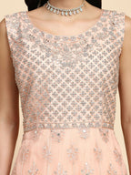 Peach Net Hand Embroidered Gown - Rudrani | Grocsy
